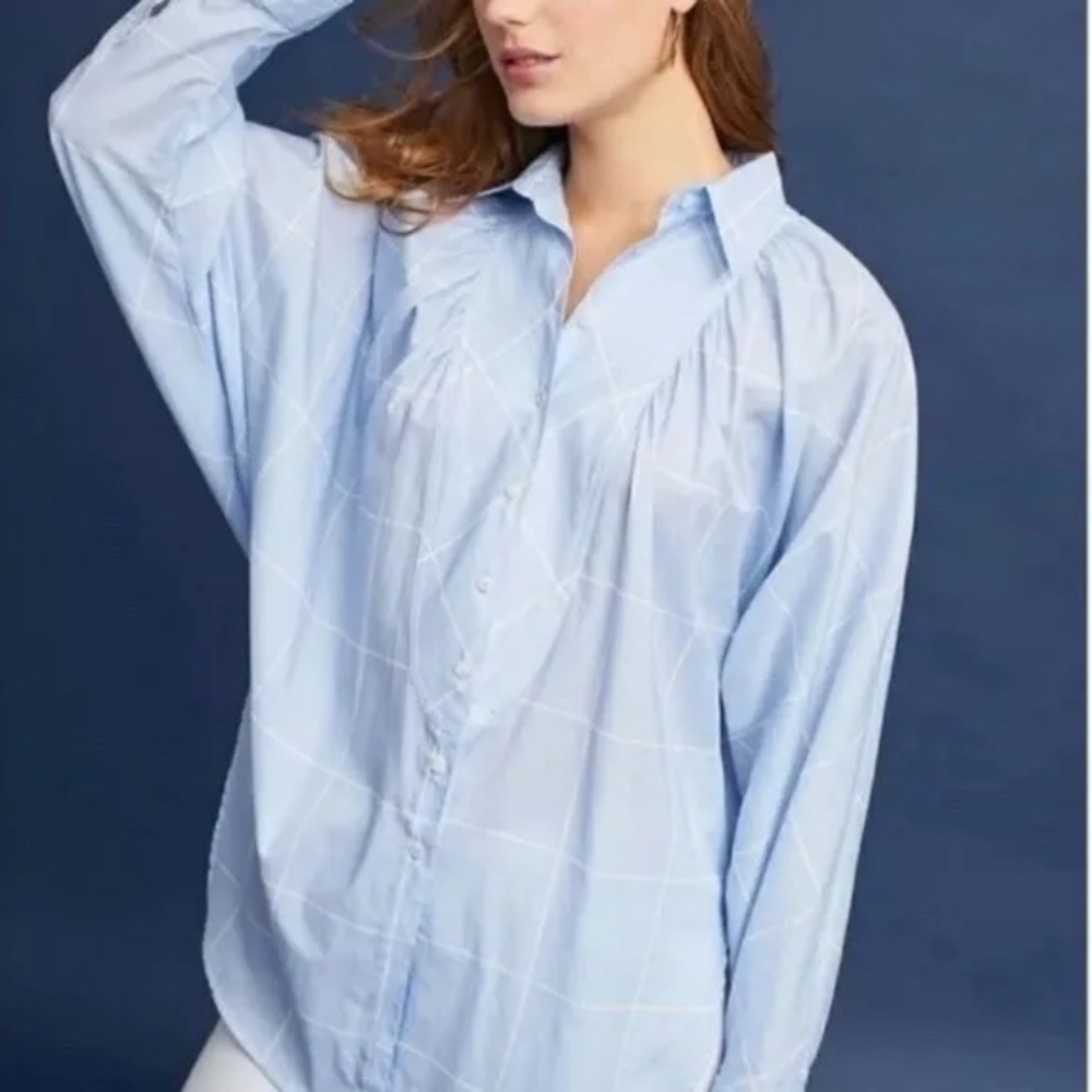 Anthropologie Maeve Blue & White Plaid Button Front Blouse